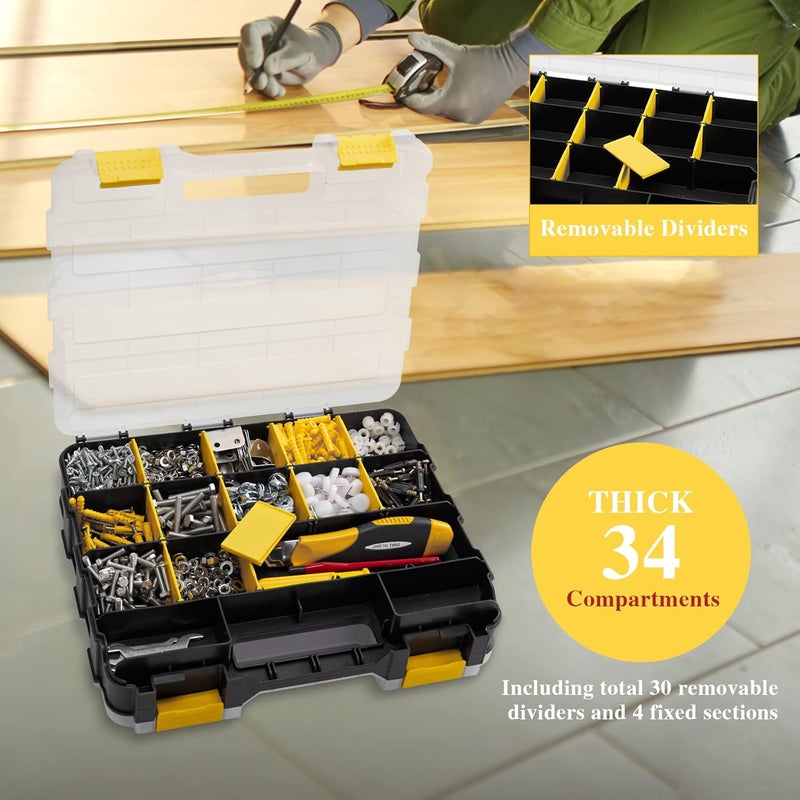 AIDY-PRO Hardware Organizer Box 34 Compartments Small Parts Organizer with Removable Dividers Durable Plastic Double Side Tools Box Screw Organizer For Nuts, Bolts, Screws, Nails, Small Hardware (Yellow) - Image 2